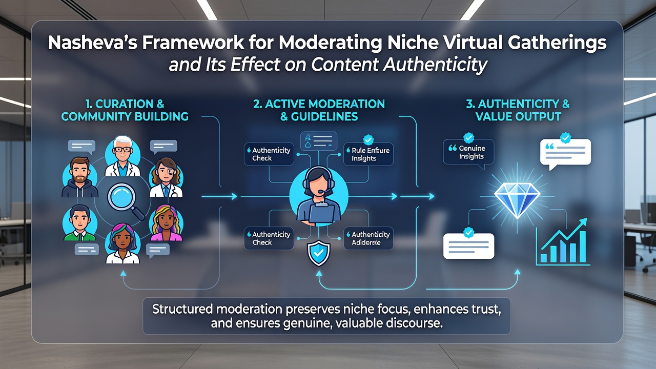 Moderators reviewing content authenticity metrics during a niche virtual session